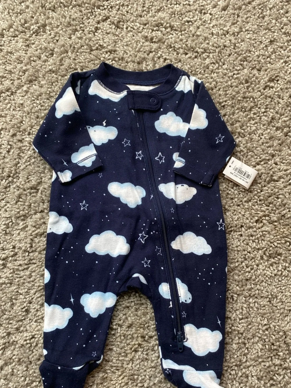 Navy Cloud Print Baby One-Piece Zipper Footed Pajamas